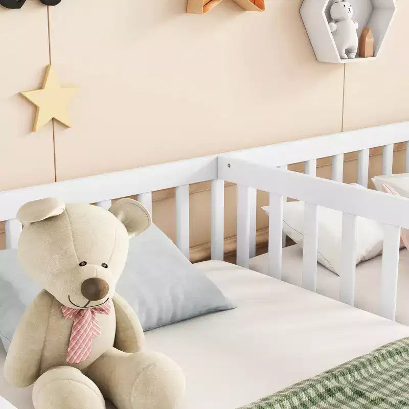 Double Twin Floor Bed with Guardrail, Wood Platform Bed with Fence for 2 Kids