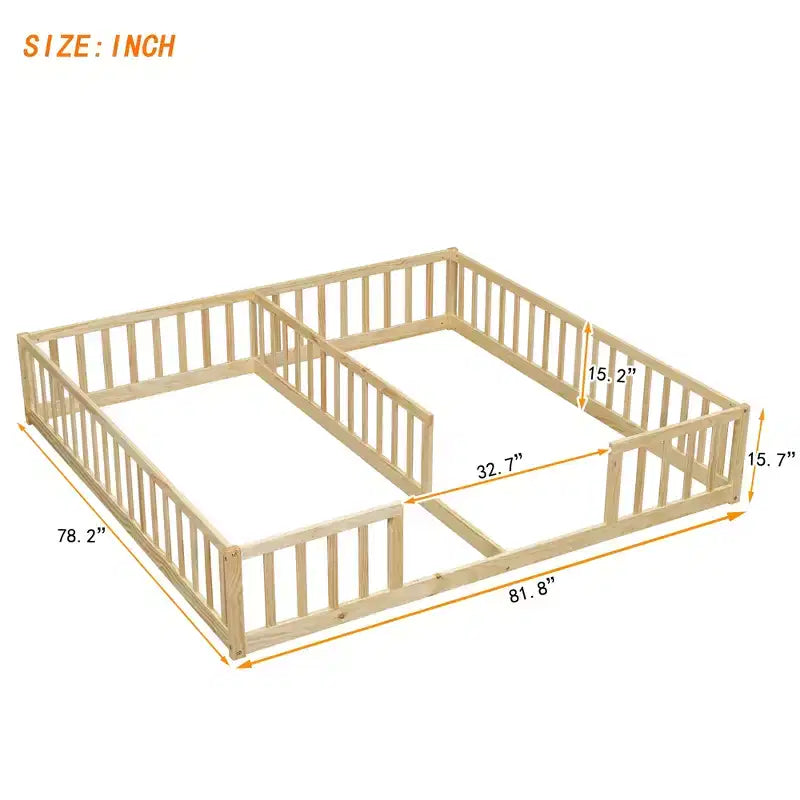 Double Twin Floor Bed with Guardrail, Wood Platform Bed with Fence for 2 Kids