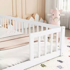 Double Twin Floor Bed with Guardrail, Wood Platform Bed with Fence for 2 Kids