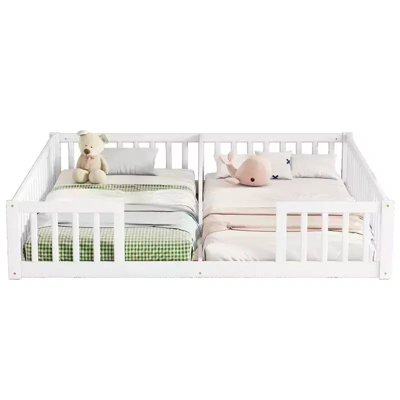 Double Twin Floor Bed with Guardrail, Wood Platform Bed with Fence for 2 Kids