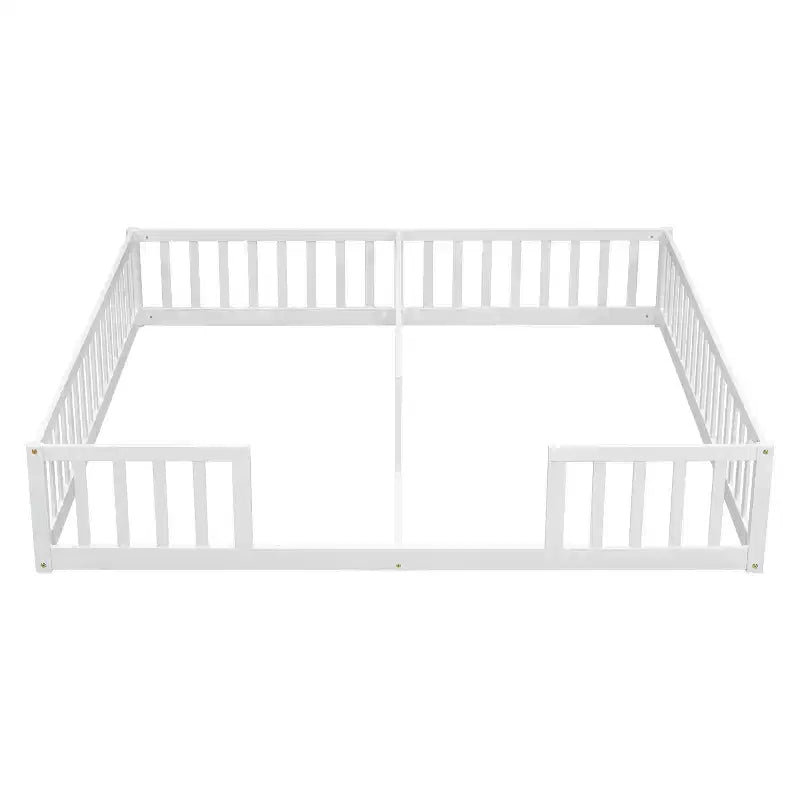 Double Twin Floor Bed with Guardrail, Wood Platform Bed with Fence for 2 Kids