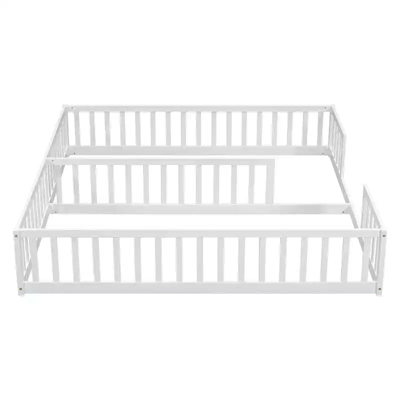 Double Twin Floor Bed with Guardrail, Wood Platform Bed with Fence for 2 Kids