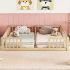 Double Twin Floor Bed with Guardrail, Wood Platform Bed with Fence for 2 Kids
