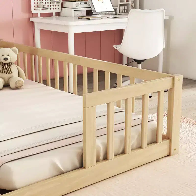 Double Twin Floor Bed with Guardrail, Wood Platform Bed with Fence for 2 Kids