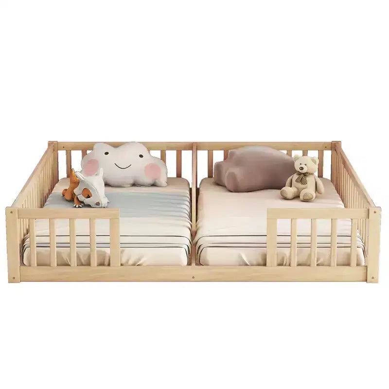 Double Twin Floor Bed with Guardrail, Wood Platform Bed with Fence for 2 Kids