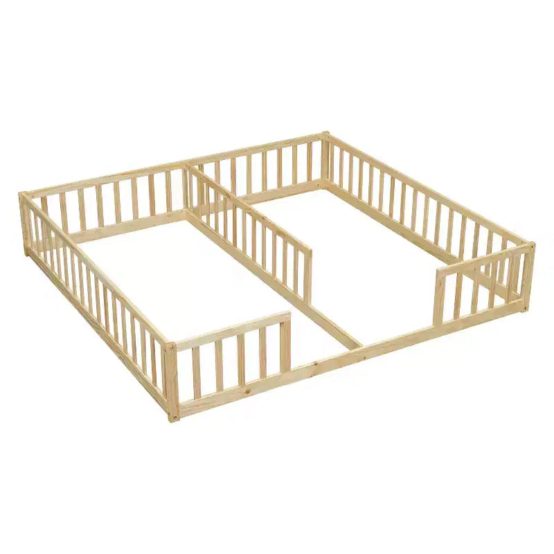 Double Twin Floor Bed with Guardrail, Wood Platform Bed with Fence for 2 Kids
