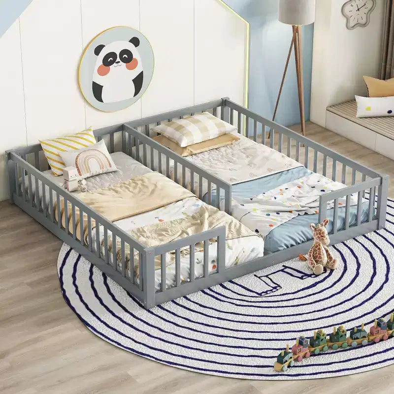 Double Twin Floor Bed with Guardrail, Wood Platform Bed with Fence for 2 Kids