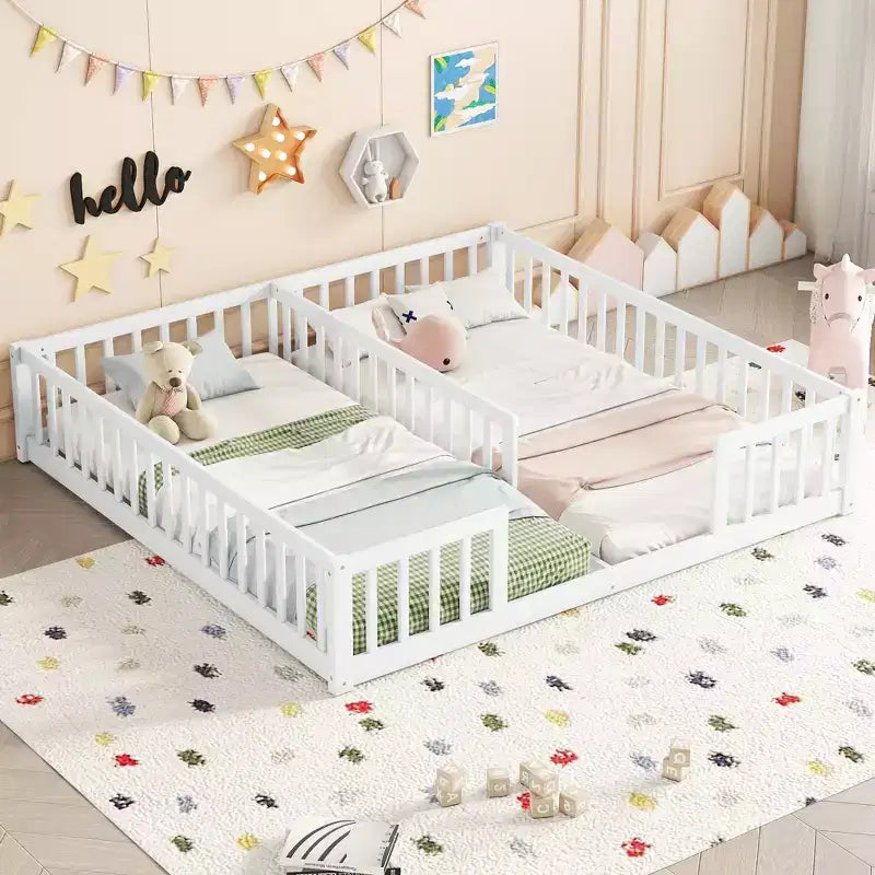 Double Twin Floor Bed with Guardrail, Wood Platform Bed with Fence for 2 Kids