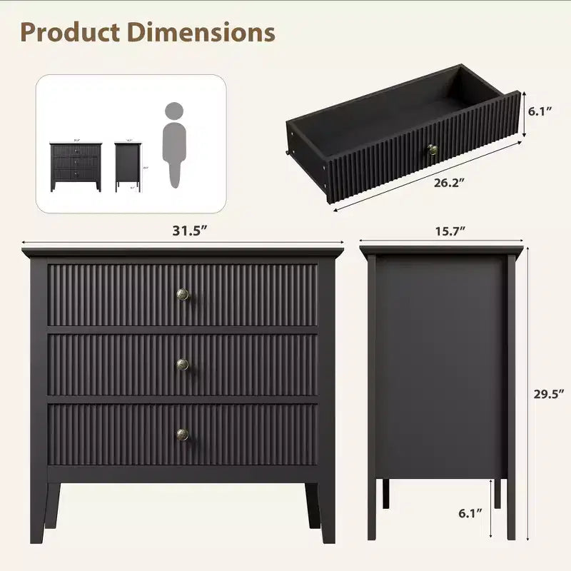 Fluted 3 Drawer Dresser, with Vertical Texture Wood Dresser for Bedroom, Living Room, Entryway,Nightstand with Storage Drawers