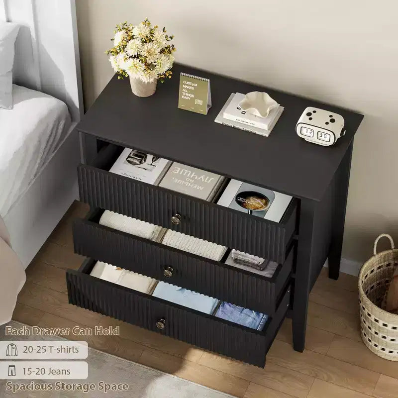 Fluted 3 Drawer Dresser, with Vertical Texture Wood Dresser for Bedroom, Living Room, Entryway,Nightstand with Storage Drawers