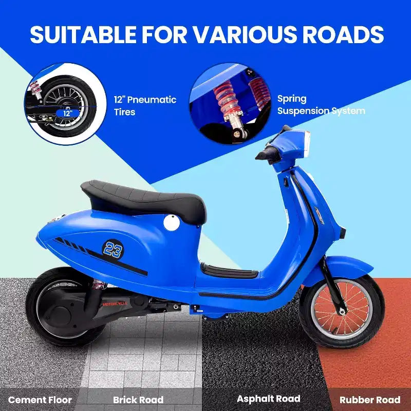 Acekool 24V Kids Electric Moped Scooter, 2 Wheel Ride On Motorcycle with Seat, 350W Drive up to 14 MPH for Ages 814