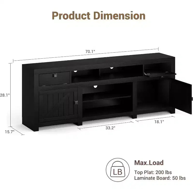 Farmhouse TV Stand for Tv Up to 80 Inches, Long Entertainment Center with 4 Storage Drawers & 3 Open Shelf for Living Room, Bedroom - Black