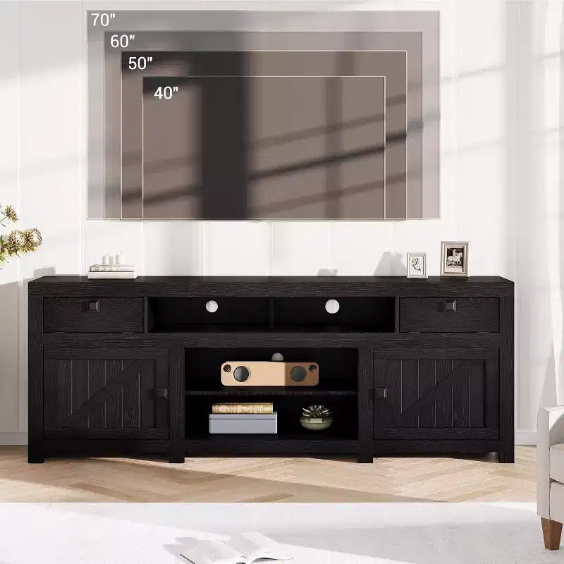Farmhouse TV Stand for Tv Up to 80 Inches, Long Entertainment Center with 4 Storage Drawers & 3 Open Shelf for Living Room, Bedroom - Black