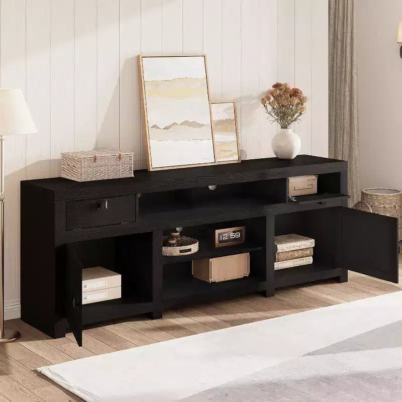 Farmhouse TV Stand for Tv Up to 80 Inches, Long Entertainment Center with 4 Storage Drawers & 3 Open Shelf for Living Room, Bedroom - Black