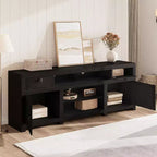 Farmhouse TV Stand for Tv Up to 80 Inches, Long Entertainment Center with 4 Storage Drawers & 3 Open Shelf for Living Room, Bedroom - Black