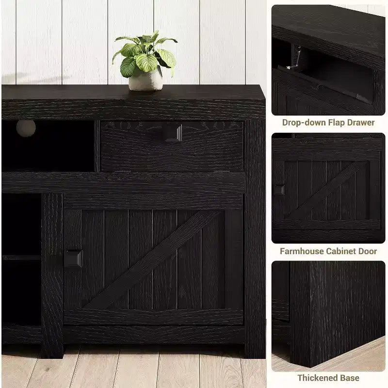 Farmhouse TV Stand for Tv Up to 80 Inches, Long Entertainment Center with 4 Storage Drawers & 3 Open Shelf for Living Room, Bedroom - Black