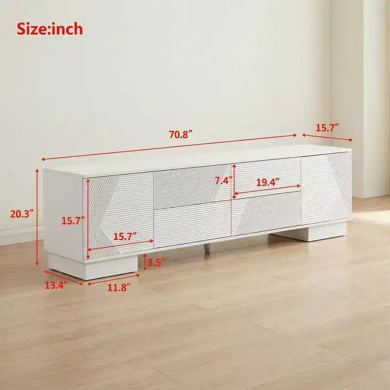 JVNOXK 70.8-inch Modern TV Stand, Suitable for TVs 75 inches and under, Featuring Storage Cabinet with 4 Drawers and Metal Center Leg, White