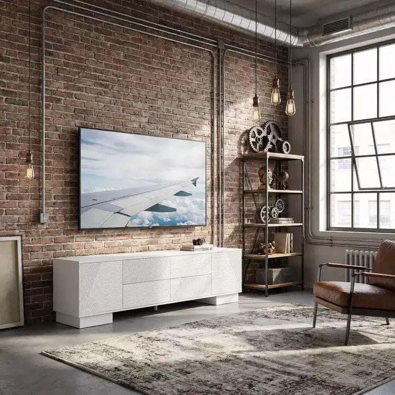 JVNOXK 70.8-inch Modern TV Stand, Suitable for TVs 75 inches and under, Featuring Storage Cabinet with 4 Drawers and Metal Center Leg, White