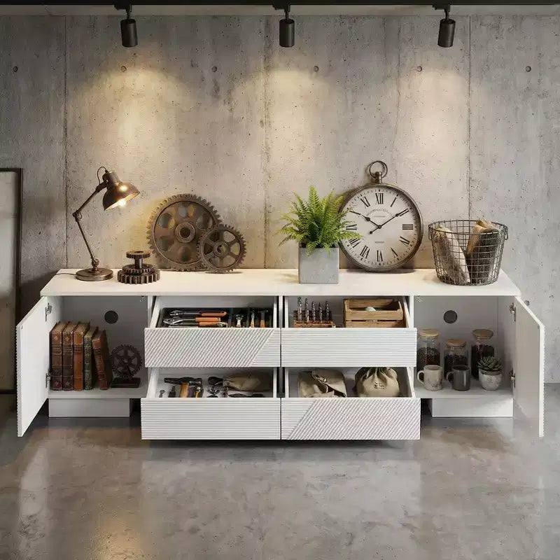 JVNOXK 70.8-inch Modern TV Stand, Suitable for TVs 75 inches and under, Featuring Storage Cabinet with 4 Drawers and Metal Center Leg, White