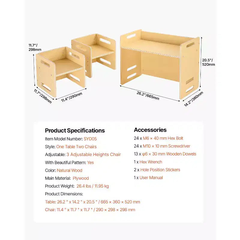 Etokfoks Montessori weaning table and chair set plywood construction adjustable height 26.2x14.2x20.5 in easy conversion natural