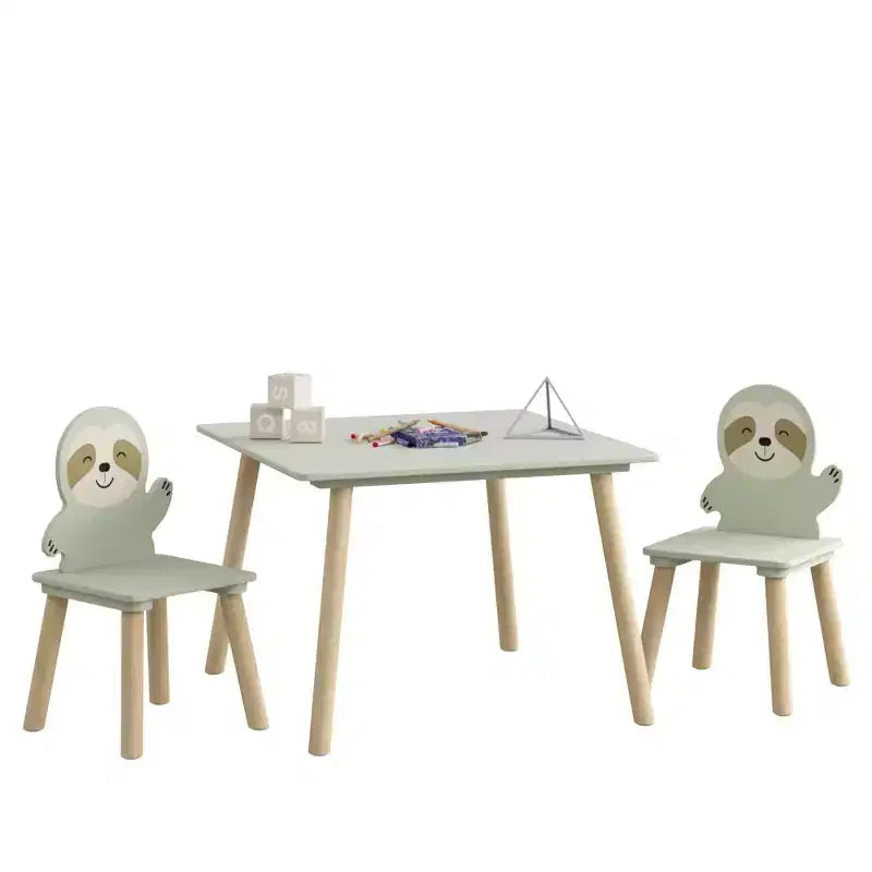 Etokfoks Sloth Kids Table and Chair Set Wooden Toddler Activity Table with 2 Animal Chairs Sage Green for Playroom Bedroom Classroom