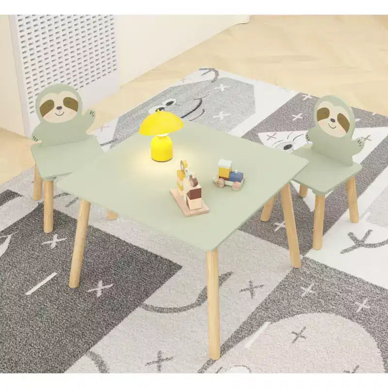 Etokfoks Sloth Kids Table and Chair Set Wooden Toddler Activity Table with 2 Animal Chairs Sage Green for Playroom Bedroom Classroom