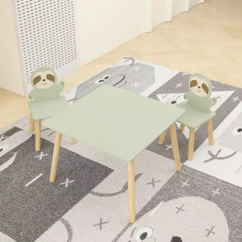 Etokfoks Sloth Kids Table and Chair Set Wooden Toddler Activity Table with 2 Animal Chairs Sage Green for Playroom Bedroom Classroom