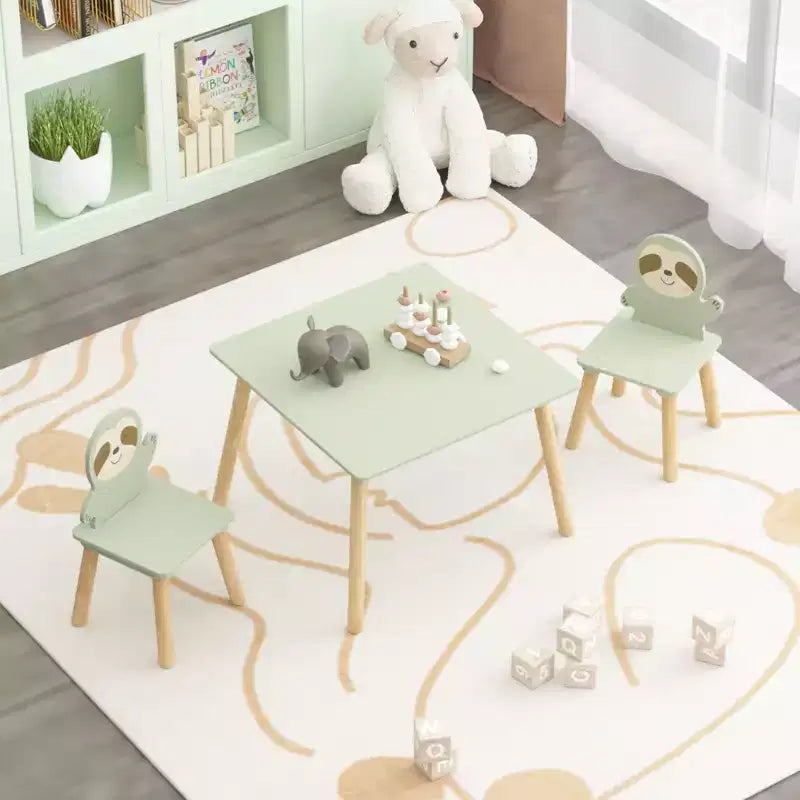 Etokfoks Sloth Kids Table and Chair Set Wooden Toddler Activity Table with 2 Animal Chairs Sage Green for Playroom Bedroom Classroom