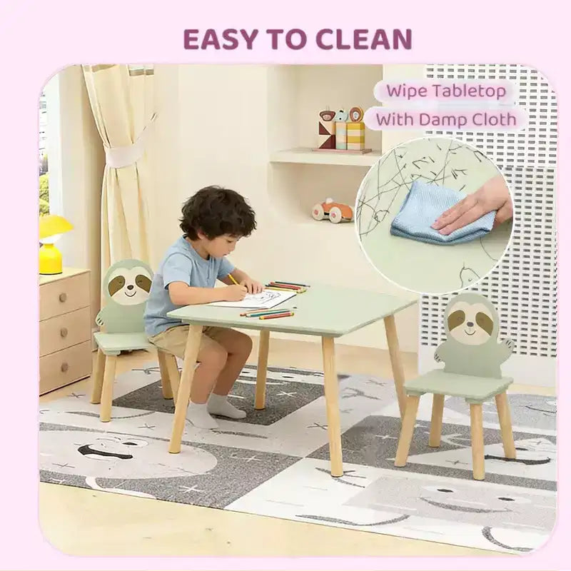 Etokfoks Sloth Kids Table and Chair Set Wooden Toddler Activity Table with 2 Animal Chairs Sage Green for Playroom Bedroom Classroom
