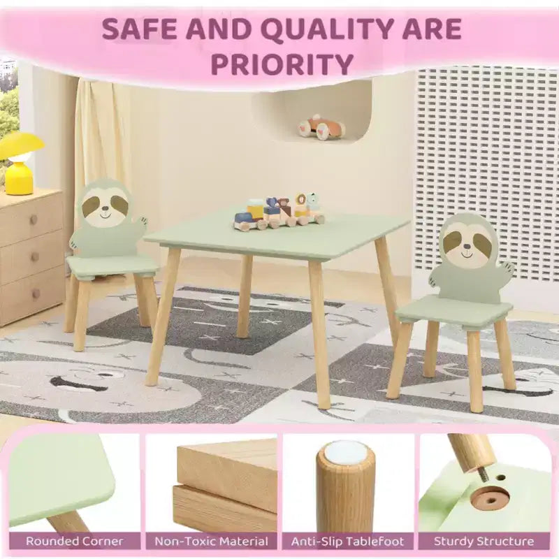 Etokfoks Sloth Kids Table and Chair Set Wooden Toddler Activity Table with 2 Animal Chairs Sage Green for Playroom Bedroom Classroom
