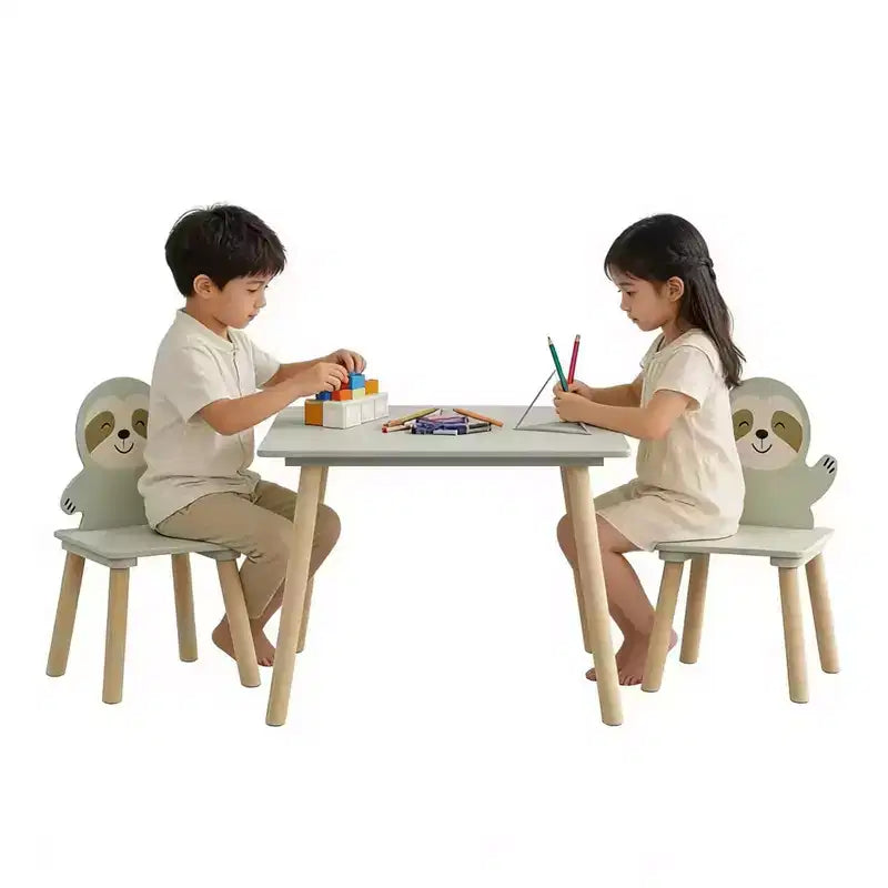 Etokfoks Sloth Kids Table and Chair Set Wooden Toddler Activity Table with 2 Animal Chairs Sage Green for Playroom Bedroom Classroom