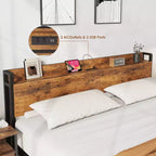 King Size Bed Frame with Storage Headboard, Industrial King Bed Platform with Charging Station and USB Ports, No Box Spring Needed - Rustic Brown
