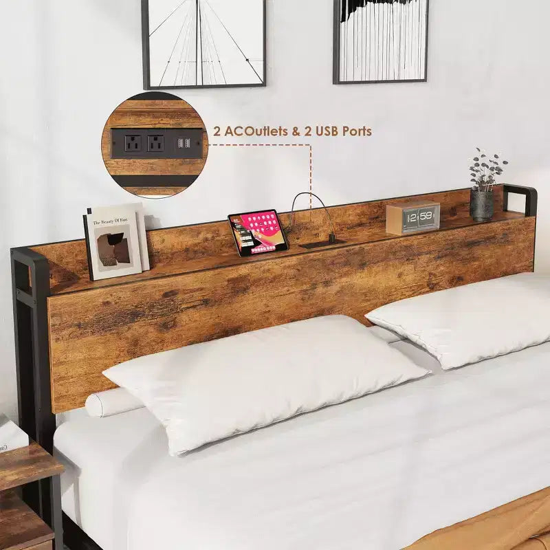 King Size Bed Frame with Storage Headboard, Industrial King Bed Platform with Charging Station and USB Ports, No Box Spring Needed - Rustic Brown