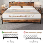 King Size Bed Frame with Storage Headboard, Industrial King Bed Platform with Charging Station and USB Ports, No Box Spring Needed - Rustic Brown