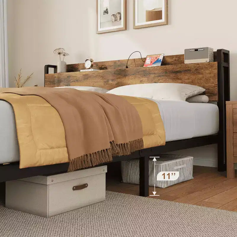 King Size Bed Frame with Storage Headboard, Industrial King Bed Platform with Charging Station and USB Ports, No Box Spring Needed - Rustic Brown