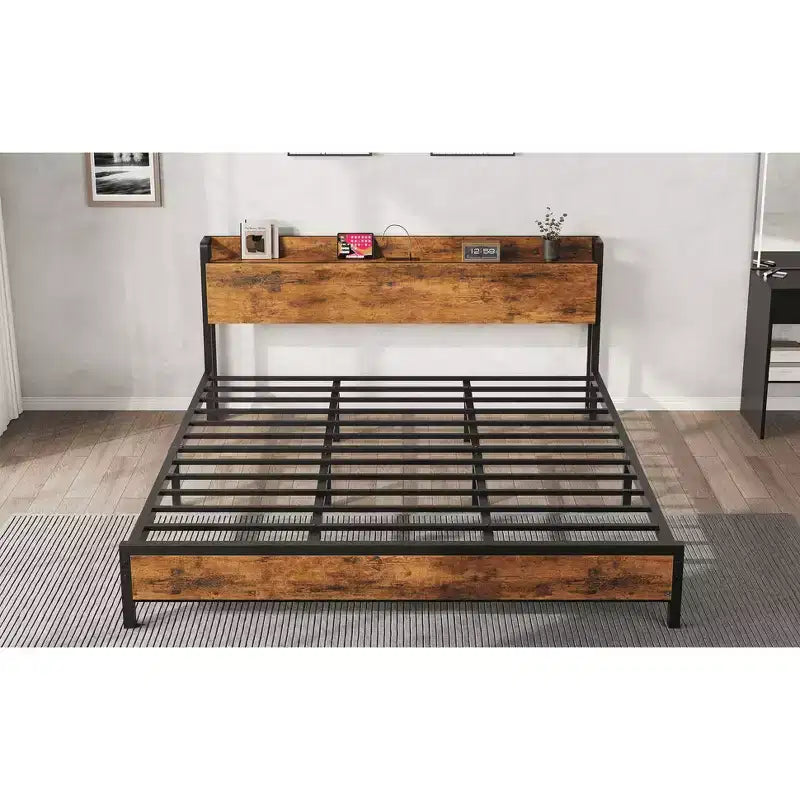 King Size Bed Frame with Storage Headboard, Industrial King Bed Platform with Charging Station and USB Ports, No Box Spring Needed - Rustic Brown