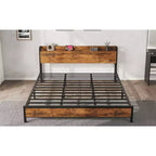 King Size Bed Frame with Storage Headboard, Industrial King Bed Platform with Charging Station and USB Ports, No Box Spring Needed - Rustic Brown