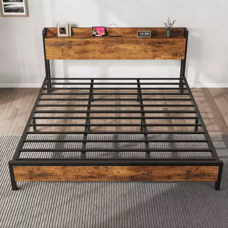 King Size Bed Frame with Storage Headboard, Industrial King Bed Platform with Charging Station and USB Ports, No Box Spring Needed - Rustic Brown