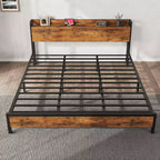 King Size Bed Frame with Storage Headboard, Industrial King Bed Platform with Charging Station and USB Ports, No Box Spring Needed - Rustic Brown