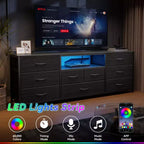 9 Drawer Wide Dresser for Bedroom 63 Inch Black Fabric Storage Chest with LED Lights and Power Outlets fits 75 Inch TV Media Console Organizer Cabinet