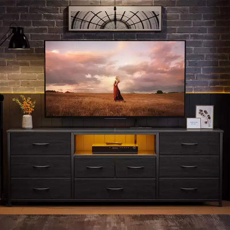 9 Drawer Wide Dresser for Bedroom 63 Inch Black Fabric Storage Chest with LED Lights and Power Outlets fits 75 Inch TV Media Console Organizer Cabinet