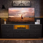 9 Drawer Wide Dresser for Bedroom 63 Inch Black Fabric Storage Chest with LED Lights and Power Outlets fits 75 Inch TV Media Console Organizer Cabinet