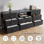 9 Drawer Wide Dresser for Bedroom 63 Inch Black Fabric Storage Chest with LED Lights and Power Outlets fits 75 Inch TV Media Console Organizer Cabinet