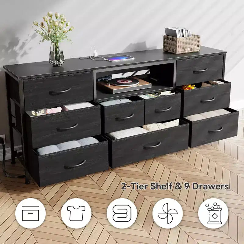 9 Drawer Wide Dresser for Bedroom 63 Inch Black Fabric Storage Chest with LED Lights and Power Outlets fits 75 Inch TV Media Console Organizer Cabinet
