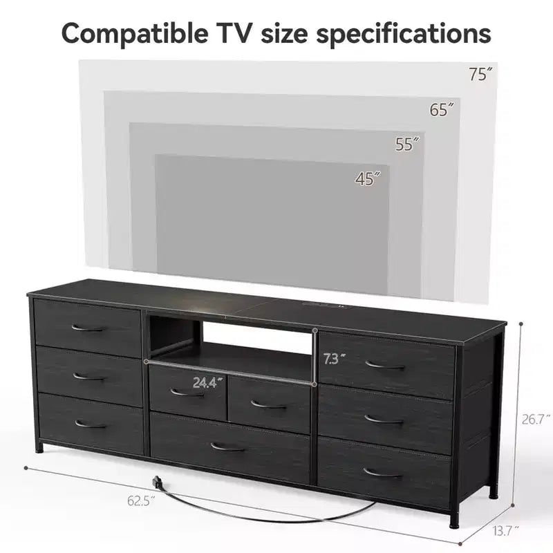 9 Drawer Wide Dresser for Bedroom 63 Inch Black Fabric Storage Chest with LED Lights and Power Outlets fits 75 Inch TV Media Console Organizer Cabinet