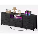 9 Drawer Wide Dresser for Bedroom 63 Inch Black Fabric Storage Chest with LED Lights and Power Outlets fits 75 Inch TV Media Console Organizer Cabinet