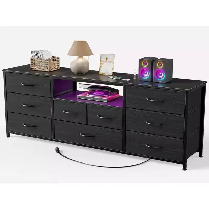 9 Drawer Wide Dresser for Bedroom 63 Inch Black Fabric Storage Chest with LED Lights and Power Outlets fits 75 Inch TV Media Console Organizer Cabinet