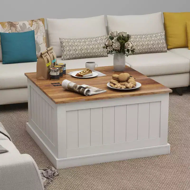 JVNOXK 31.5-inch Farmhouse-Style Wood Coffee Table with Square Hinged Lift-Top and Storage Compartment, Suitable for Living Rooms, White