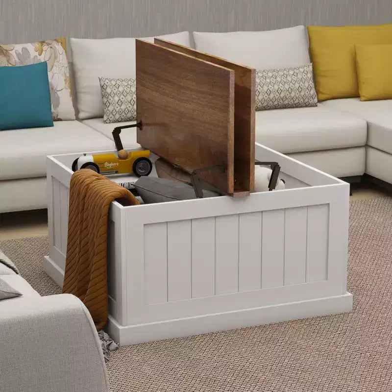JVNOXK 31.5-inch Farmhouse-Style Wood Coffee Table with Square Hinged Lift-Top and Storage Compartment, Suitable for Living Rooms, White
