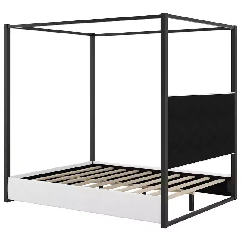 Luxystar Queen Size Modern Canopy Platform Bed with Upholstery Headboard, Black
